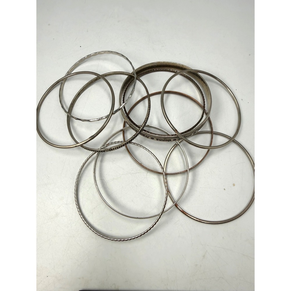 Vintage Silver Tone Multi Language Woman Bangle Bracelet Set Stackable 9pc‎